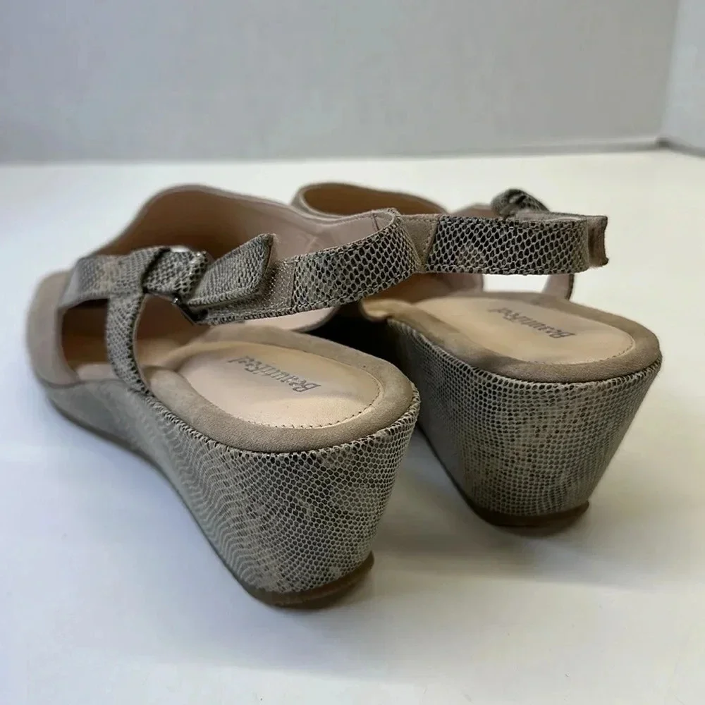 BeautiFeel Gwen Wedge Sandals Open Toe Shoes Ankle Strap Suede Tan Snake 41 10.5